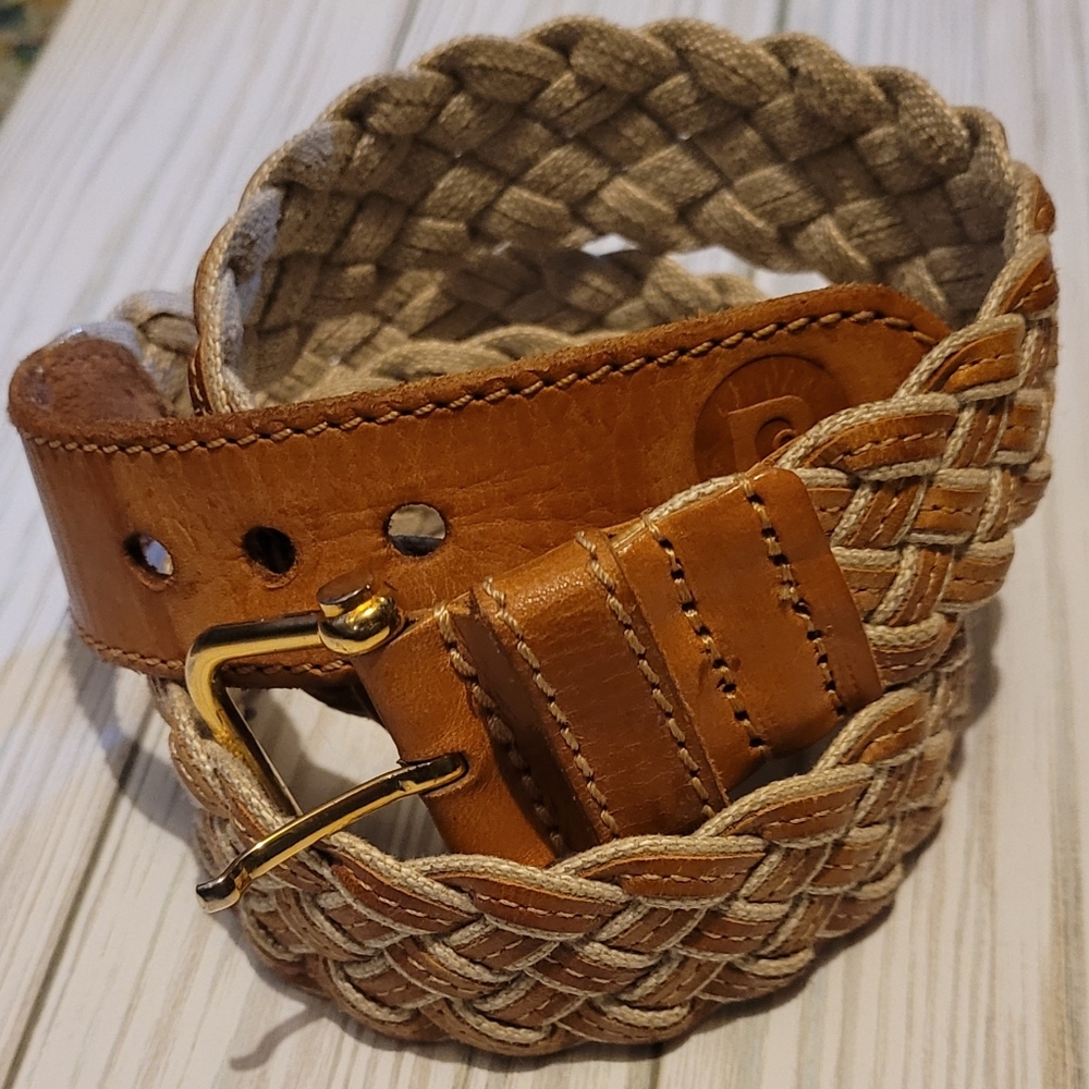 Pierre Cardin, Tan Braided Leather And Canvas Belt, Size 34"